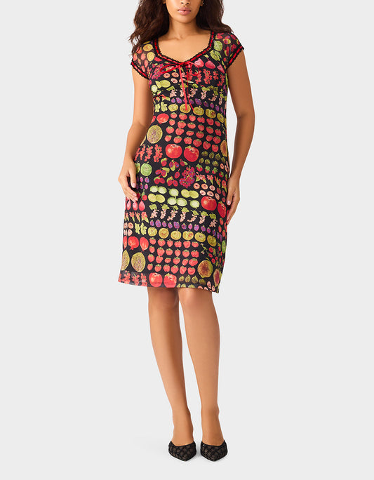 Betsey Johnson Quality | BETSEY'S FRUIT DRESS BLACK MULTI Women's Fruit Print Short-Sleeved Slip Dress