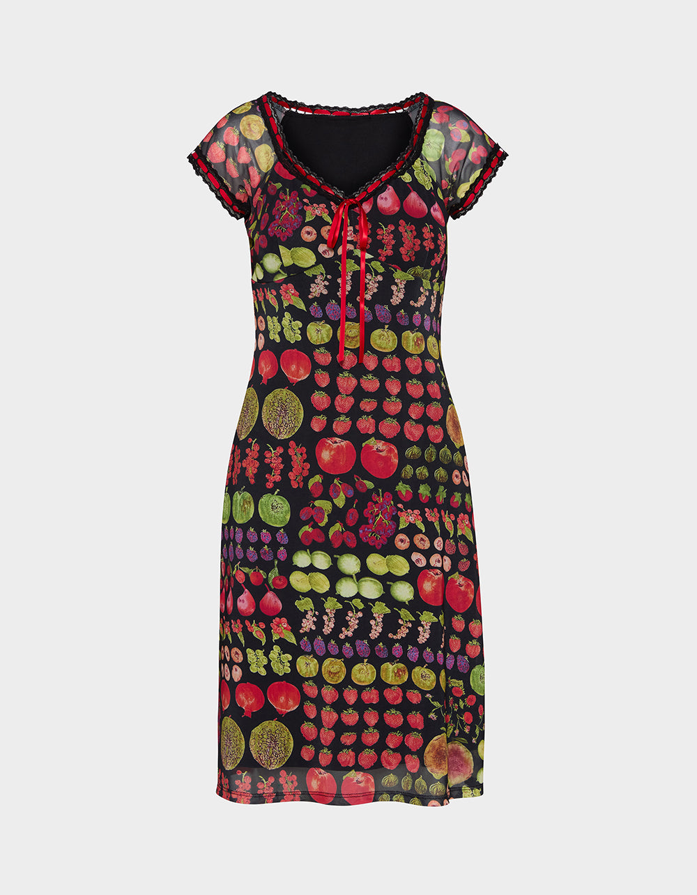 Betsey Johnson Quality | BETSEY'S FRUIT DRESS BLACK MULTI Women's Fruit Print Short-Sleeved Slip Dress