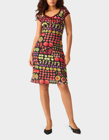 Betsey Johnson Quality | BETSEY'S FRUIT DRESS BLACK MULTI Women's Fruit Print Short-Sleeved Slip Dress