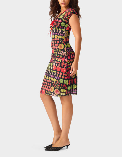 Betsey Johnson Quality | BETSEY'S FRUIT DRESS BLACK MULTI Women's Fruit Print Short-Sleeved Slip Dress