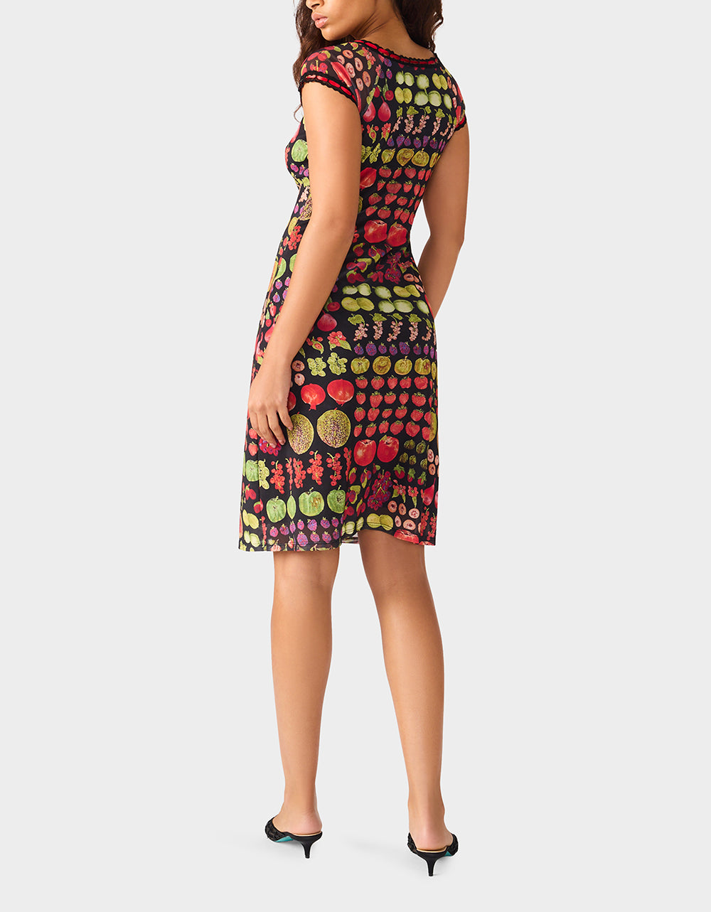 Betsey Johnson Quality | BETSEY'S FRUIT DRESS BLACK MULTI Women's Fruit Print Short-Sleeved Slip Dress