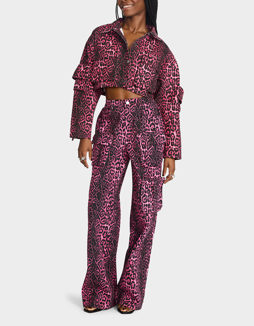Betsey Johnson Latest | WILD IN PINK BUNDLE Women's Pink Leopard Cropped Jacket and Cargo Pant Set