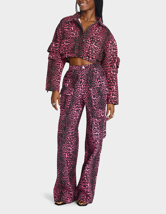 Betsey Johnson Latest | WILD IN PINK BUNDLE Women's Pink Leopard Cropped Jacket and Cargo Pant Set