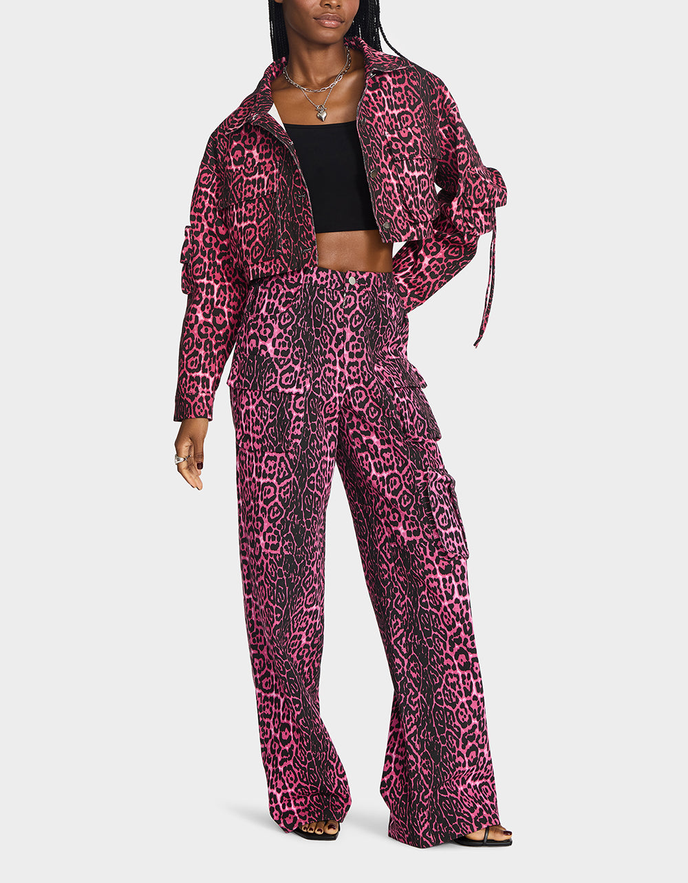 Betsey Johnson Latest | WILD IN PINK BUNDLE Women's Pink Leopard Cropped Jacket and Cargo Pant Set
