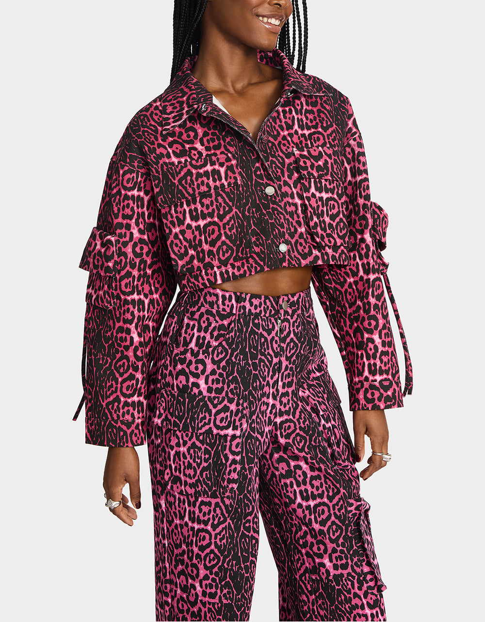 Betsey Johnson Latest | WILD IN PINK BUNDLE Women's Pink Leopard Cropped Jacket and Cargo Pant Set