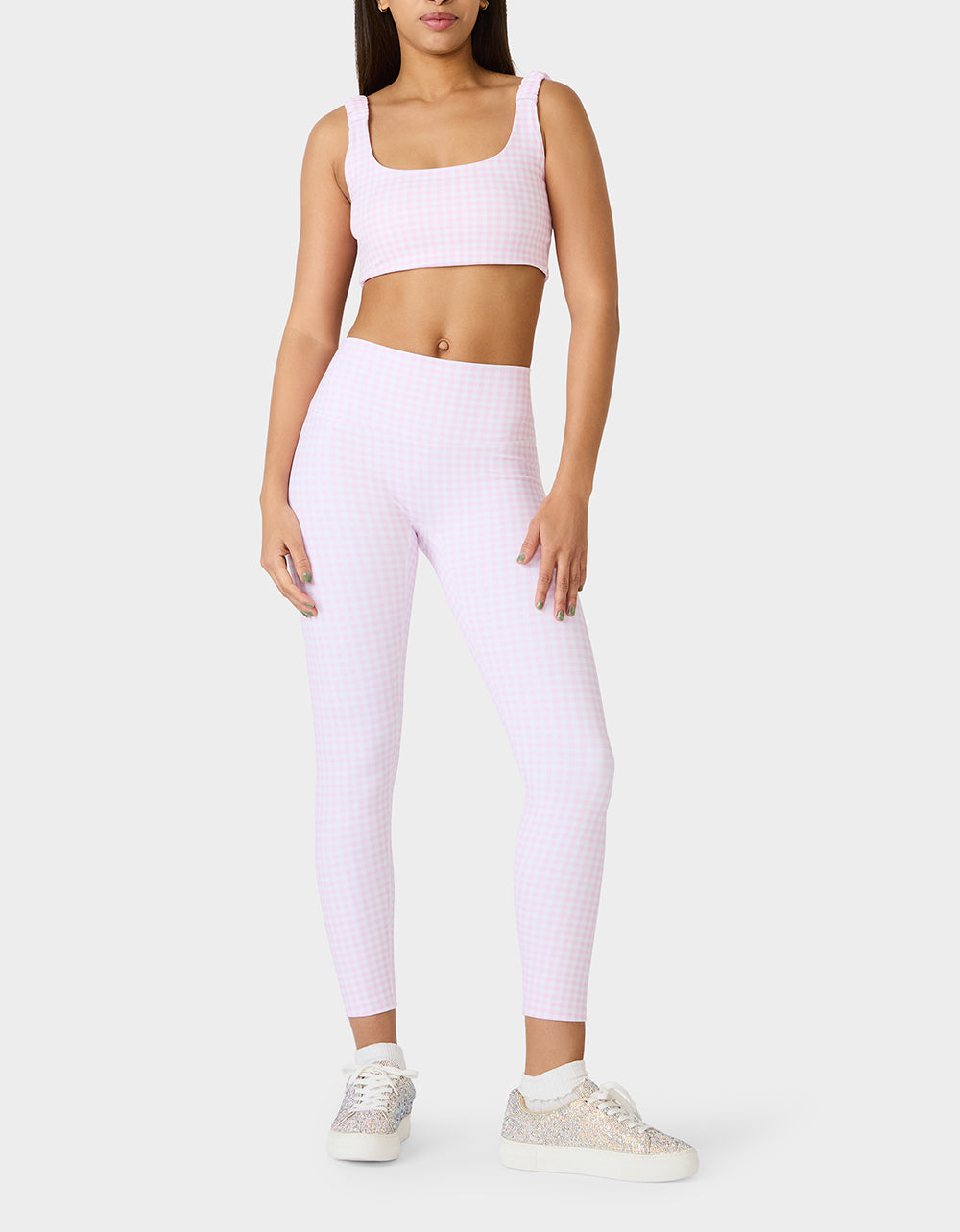 Betsey Johnson Best Seller | GINGHAM PRINT BRA TOP PINK MULTI Women's Activewear Pink Gingham Bra Top