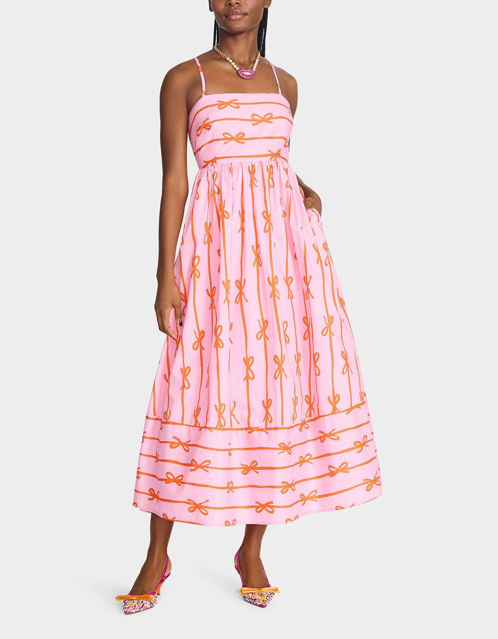 Betsey Johnson Best Price | JORDY MAXI DRESS PINK MULTI Women's Flowy Bow Print Maxi Dress
