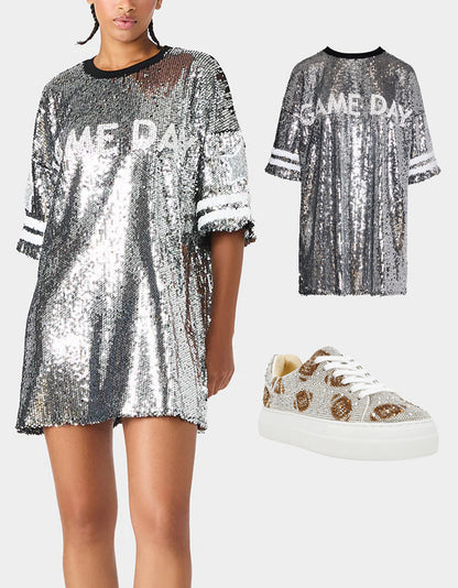 Betsey Johnson Customer Favorite | THE SPORTS FAN HOLIDAY BUNDLE Women's Game Day Sequin Jersey Dress and Sidny Football Rhinestone Sneaker