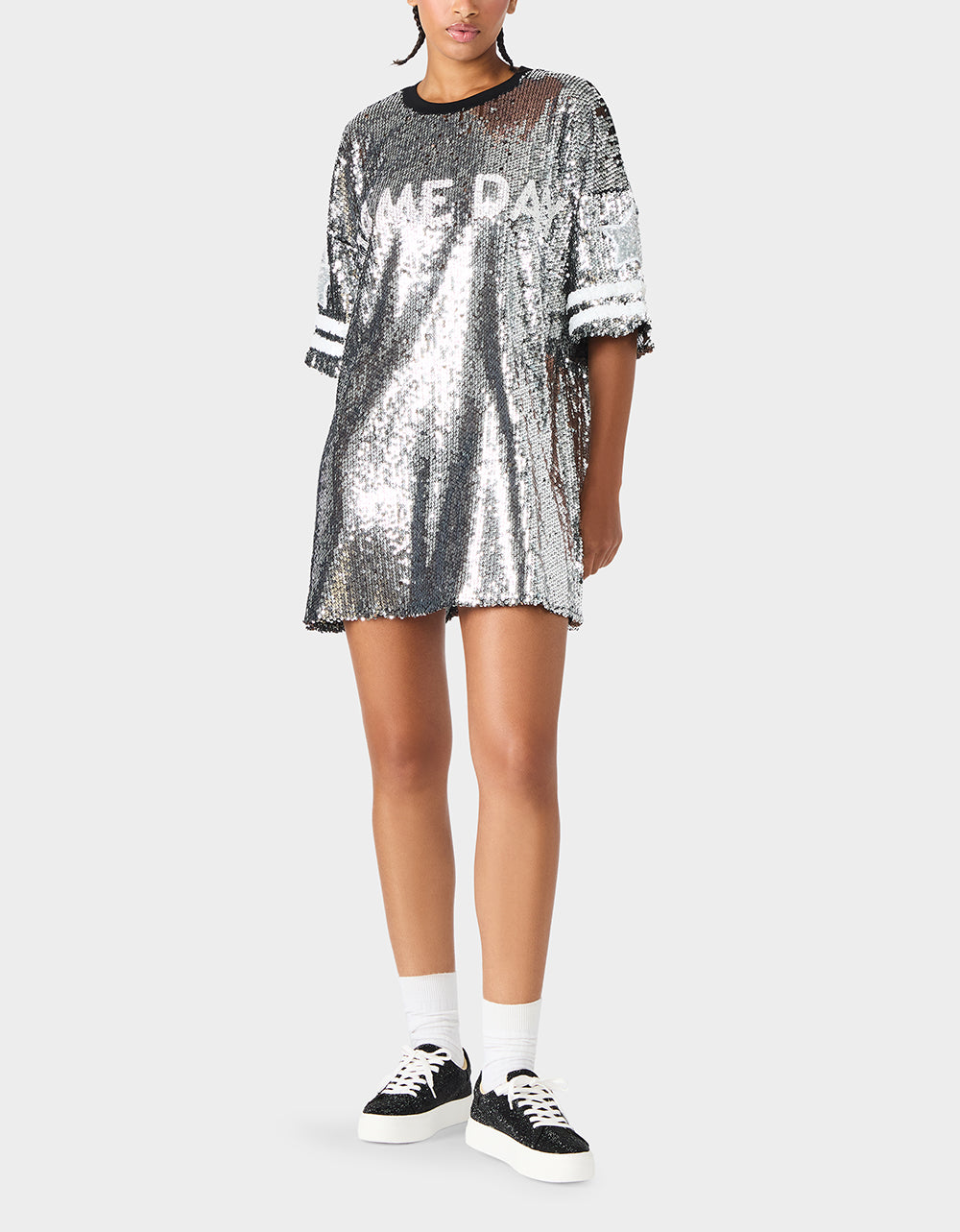 Betsey Johnson Customer Favorite | THE SPORTS FAN HOLIDAY BUNDLE Women's Game Day Sequin Jersey Dress and Sidny Football Rhinestone Sneaker