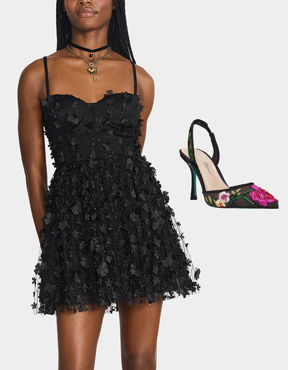 Betsey Johnson Customer Favorite | THE FLOWER CHILD HOLIDAY BUNDLE Women's Mini 3D Flower Dress Black and Floral Heel