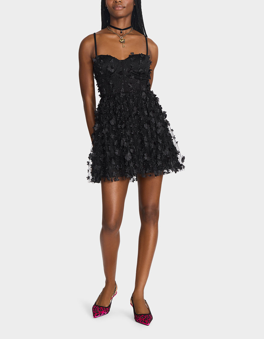 Betsey Johnson Customer Favorite | THE FLOWER CHILD HOLIDAY BUNDLE Women's Mini 3D Flower Dress Black and Floral Heel