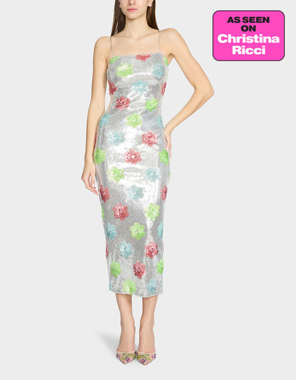 Betsey Johnson Hot Sale | SASSY SEQUIN DRESS SILVER MULTI Embellished Sequin Flower Maxi Dress