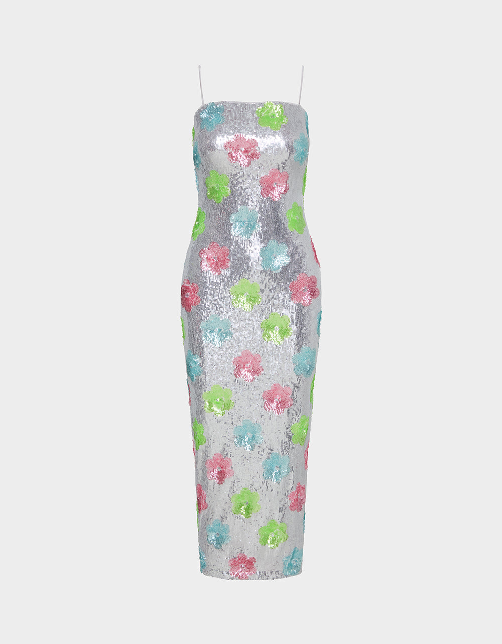 Betsey Johnson Hot Sale | SASSY SEQUIN DRESS SILVER MULTI Embellished Sequin Flower Maxi Dress