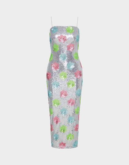 Betsey Johnson Hot Sale | SASSY SEQUIN DRESS SILVER MULTI Embellished Sequin Flower Maxi Dress