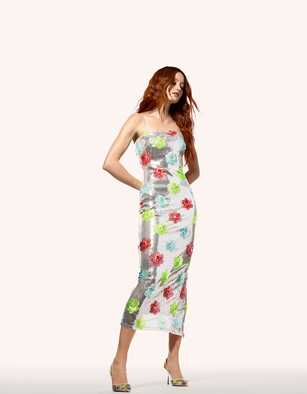 Betsey Johnson Hot Sale | SASSY SEQUIN DRESS SILVER MULTI Embellished Sequin Flower Maxi Dress