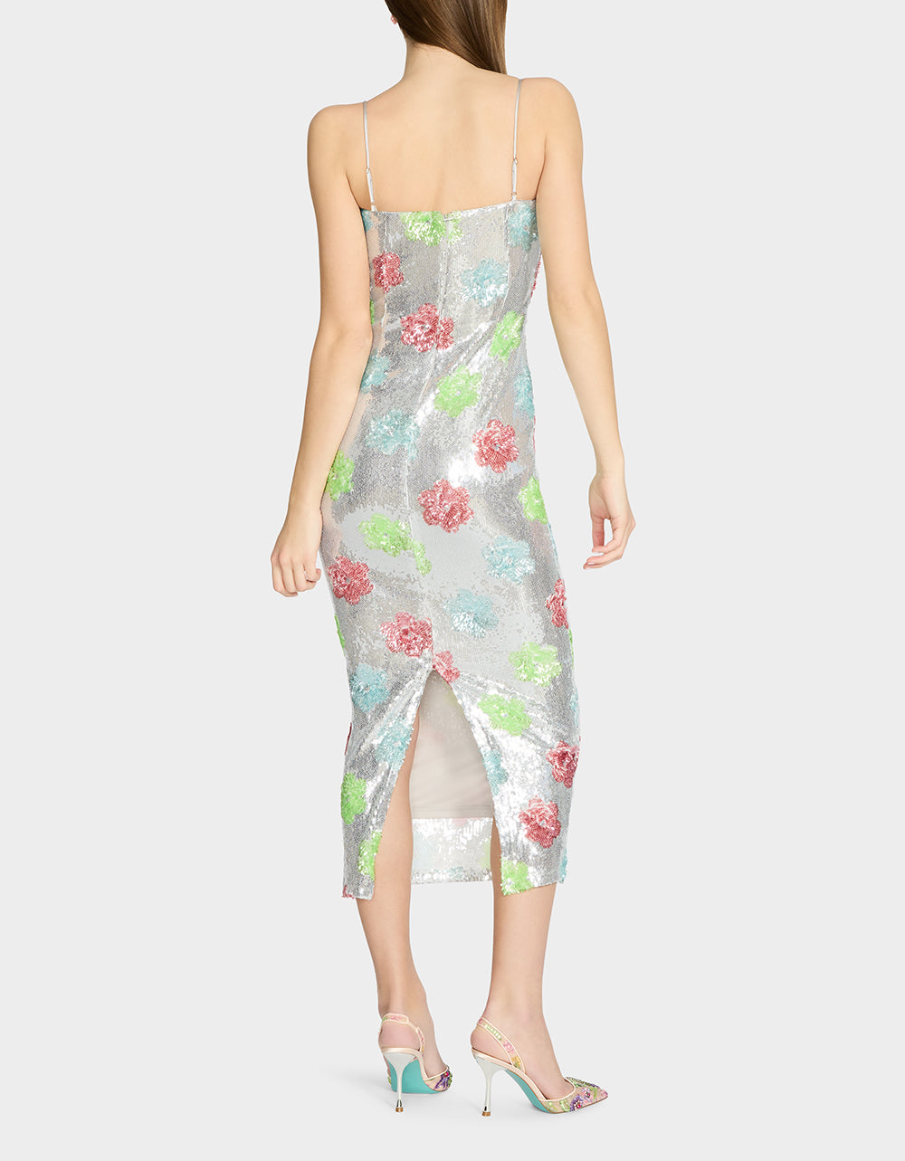 Betsey Johnson Hot Sale | SASSY SEQUIN DRESS SILVER MULTI Embellished Sequin Flower Maxi Dress