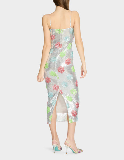 Betsey Johnson Hot Sale | SASSY SEQUIN DRESS SILVER MULTI Embellished Sequin Flower Maxi Dress