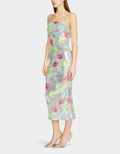Betsey Johnson Hot Sale | SASSY SEQUIN DRESS SILVER MULTI Embellished Sequin Flower Maxi Dress
