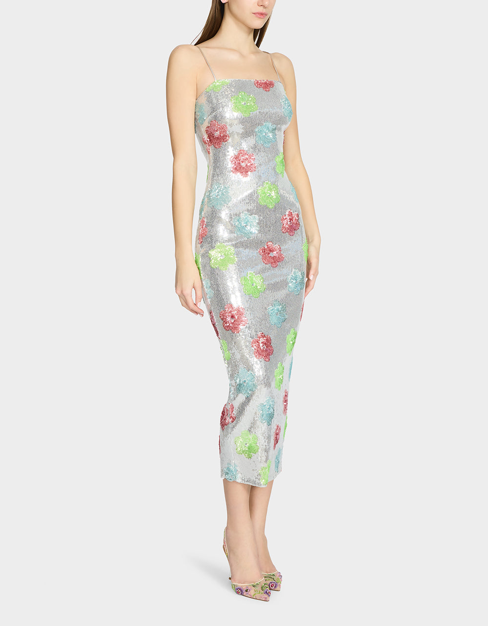 Betsey Johnson Hot Sale | SASSY SEQUIN DRESS SILVER MULTI Embellished Sequin Flower Maxi Dress