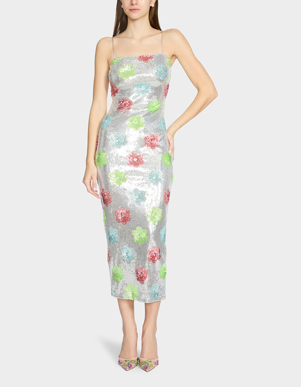 Betsey Johnson Hot Sale | SASSY SEQUIN DRESS SILVER MULTI Embellished Sequin Flower Maxi Dress