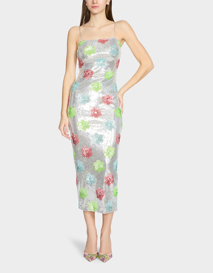 Betsey Johnson Hot Sale | SASSY SEQUIN DRESS SILVER MULTI Embellished Sequin Flower Maxi Dress