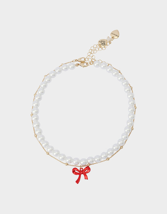 Betsey Johnson Latest | PEARL BOW NECLAKCE SET RED Women's Pearl Bow Valentine's Day Necklace Set