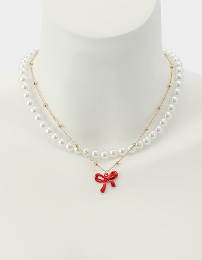 Betsey Johnson Latest | PEARL BOW NECLAKCE SET RED Women's Pearl Bow Valentine's Day Necklace Set