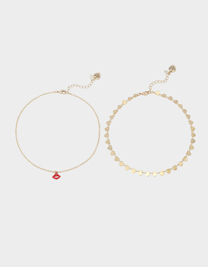 Betsey Johnson Best Price | LIPS NECKLACE SET RED Women's Gold Heart Chain Lip Valentine's Day Necklace Set