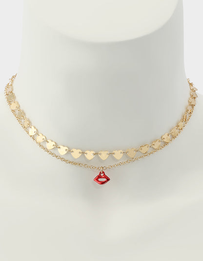 Betsey Johnson Best Price | LIPS NECKLACE SET RED Women's Gold Heart Chain Lip Valentine's Day Necklace Set