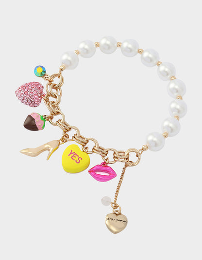 Betsey Johnson Great Value | SWEETHEART CHARM STRETCH BRACELET PEARL Women's Valentine's Day Stretch Charm Pearl Bracelet