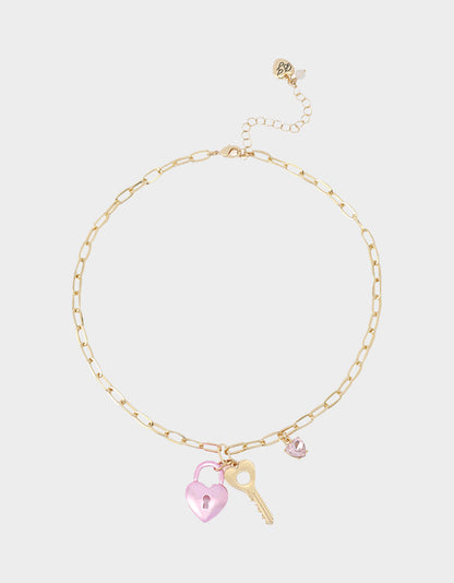 Betsey Johnson Quality | HEART LOCK SHORT PENDANT NECKLACE PINK Women's Valentine's Day Heart Pendant Necklace