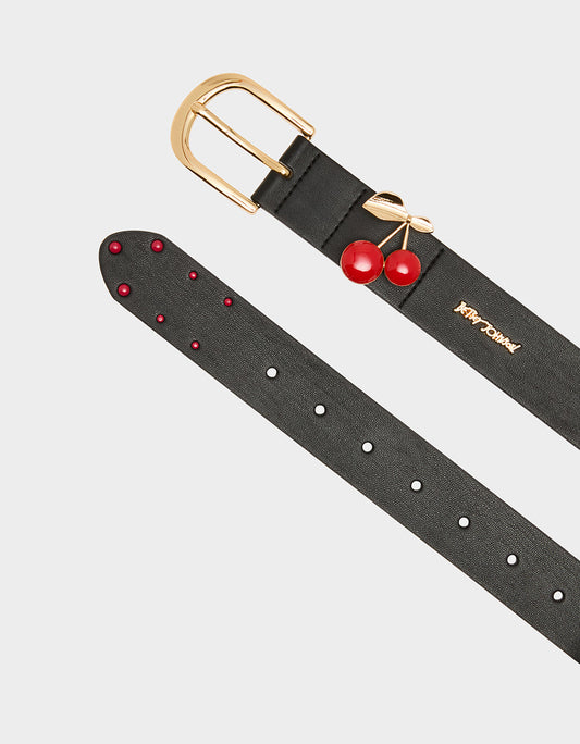 Betsey Johnson Featured | CHERRY KEEPER BELT 34MM BLACK Women's Black Faux Leather Cherry Charm Belt