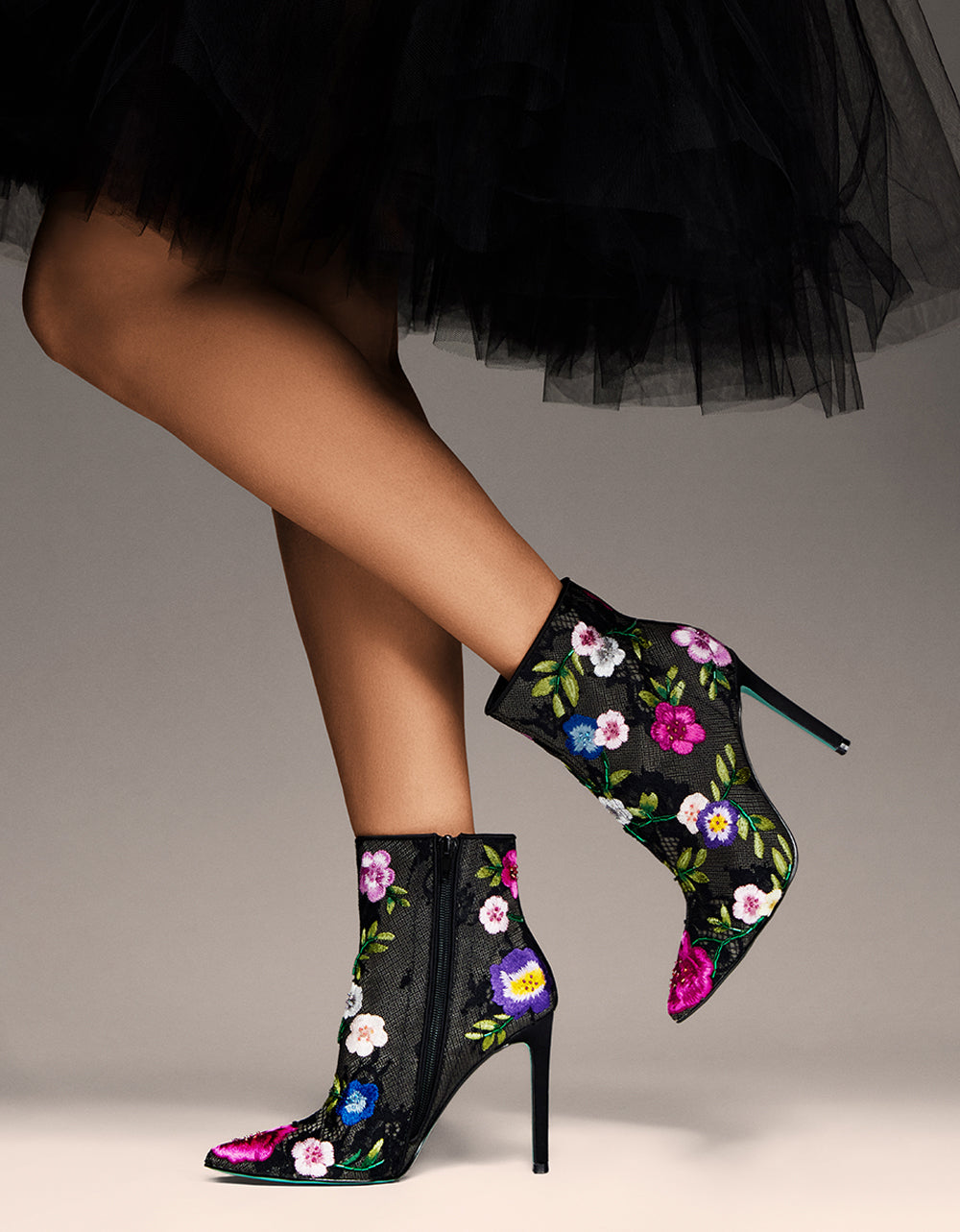 Betsey Johnson New | ANITA BLACK MULTI FLORAL Pointed-Toe Heeled Ankle Boot