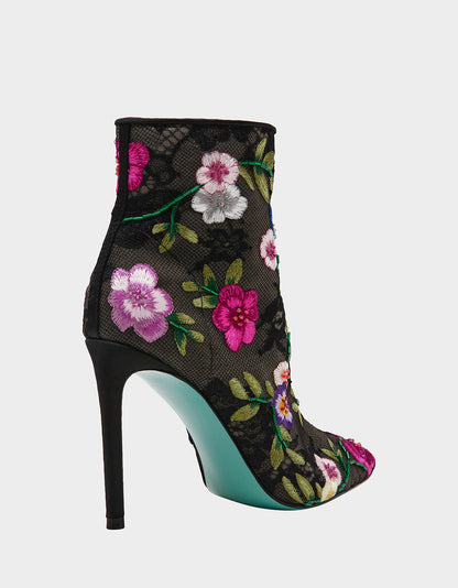 Betsey Johnson New | ANITA BLACK MULTI FLORAL Pointed-Toe Heeled Ankle Boot