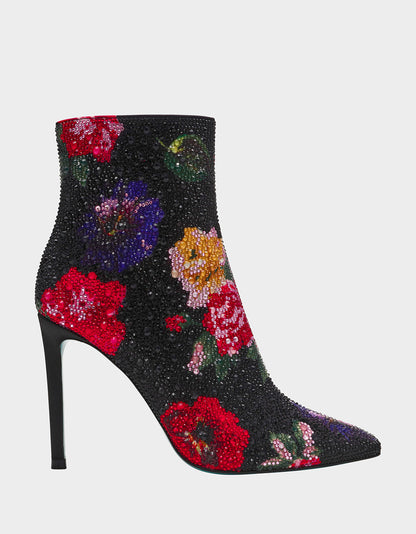 Betsey Johnson Deals | BELLE BLACK FLOWER MULTI Women's Rhinestone Pointed Toe Ankle Bootie