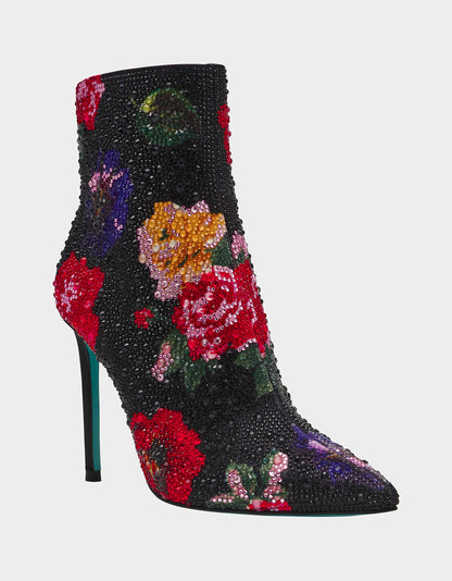 Betsey Johnson Deals | BELLE BLACK FLOWER MULTI Women's Rhinestone Pointed Toe Ankle Bootie
