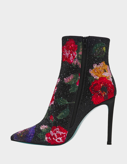 Betsey Johnson Deals | BELLE BLACK FLOWER MULTI Women's Rhinestone Pointed Toe Ankle Bootie