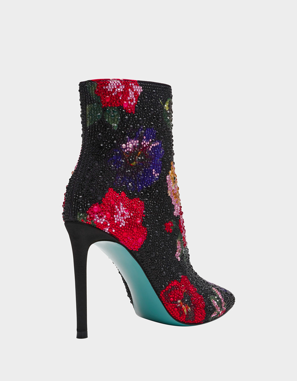 Betsey Johnson Deals | BELLE BLACK FLOWER MULTI Women's Rhinestone Pointed Toe Ankle Bootie