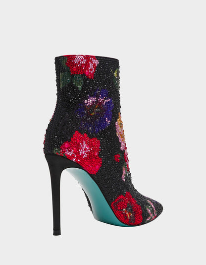 Betsey Johnson Deals | BELLE BLACK FLOWER MULTI Women's Rhinestone Pointed Toe Ankle Bootie