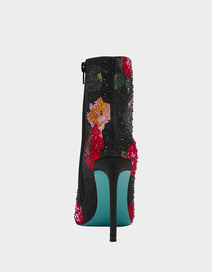 Betsey Johnson Deals | BELLE BLACK FLOWER MULTI Women's Rhinestone Pointed Toe Ankle Bootie