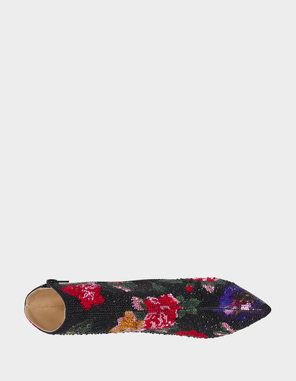 Betsey Johnson Deals | BELLE BLACK FLOWER MULTI Women's Rhinestone Pointed Toe Ankle Bootie