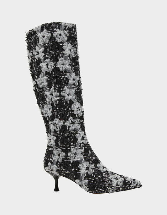 Betsey Johnson Deals | MAXXINE BLACK WHITE MULTI Pointed-Toe Knee-High Kitten Heel Women's Boot