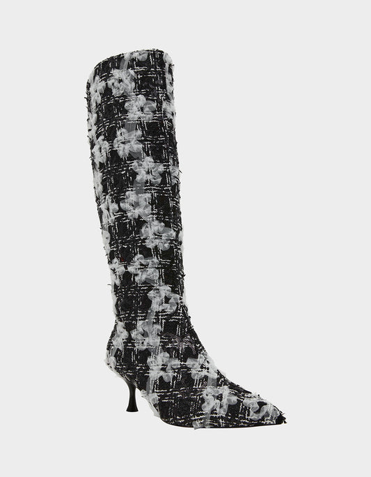 Betsey Johnson Deals | MAXXINE BLACK WHITE MULTI Pointed-Toe Knee-High Kitten Heel Women's Boot