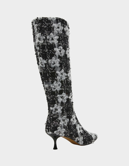 Betsey Johnson Deals | MAXXINE BLACK WHITE MULTI Pointed-Toe Knee-High Kitten Heel Women's Boot