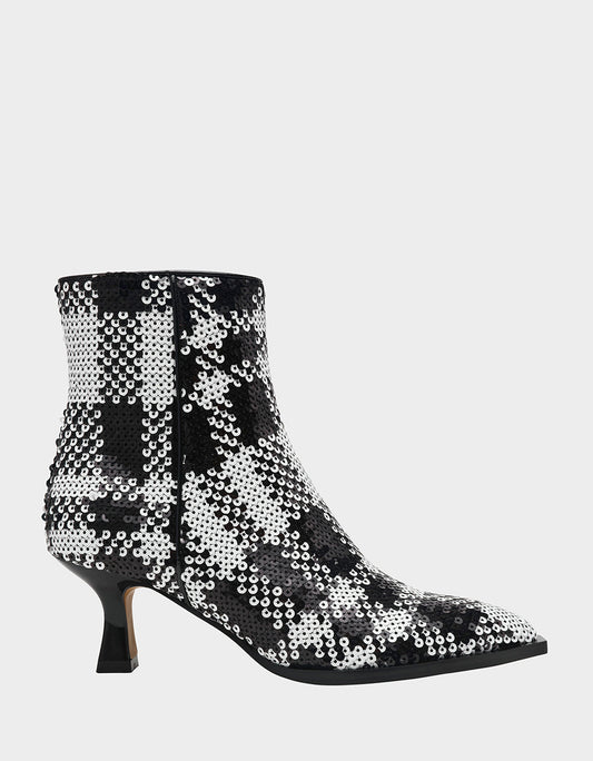 Betsey Johnson Best Price | LOUISA BLACK/WHITE PLAID Women's Pointed Toe Kitten Heel Ankle Bootie