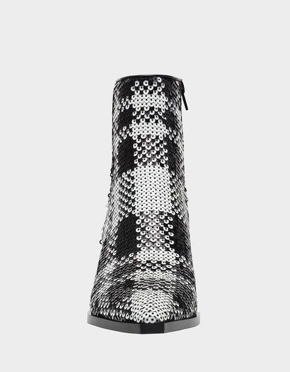 Betsey Johnson Best Price | LOUISA BLACK/WHITE PLAID Women's Pointed Toe Kitten Heel Ankle Bootie