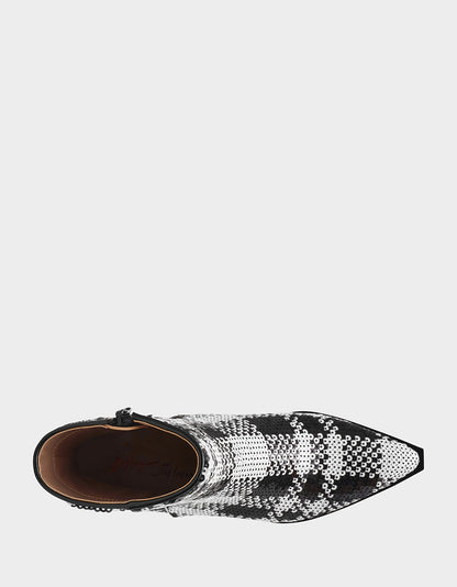 Betsey Johnson Best Price | LOUISA BLACK/WHITE PLAID Women's Pointed Toe Kitten Heel Ankle Bootie
