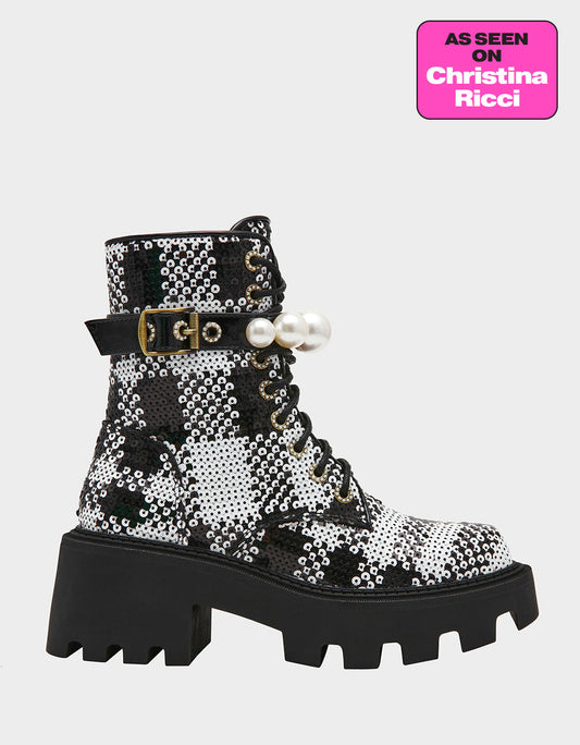 Betsey Johnson Everyday | JONNIE BLACK WHITE PLAID Lace-Up Platform Combat Women's Ankle Boot