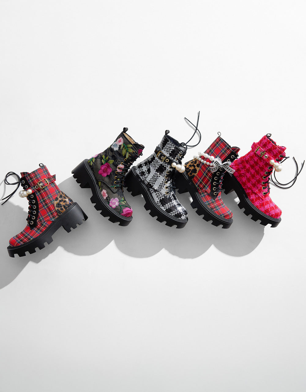 Betsey Johnson Everyday | JONNIE BLACK WHITE PLAID Lace-Up Platform Combat Women's Ankle Boot