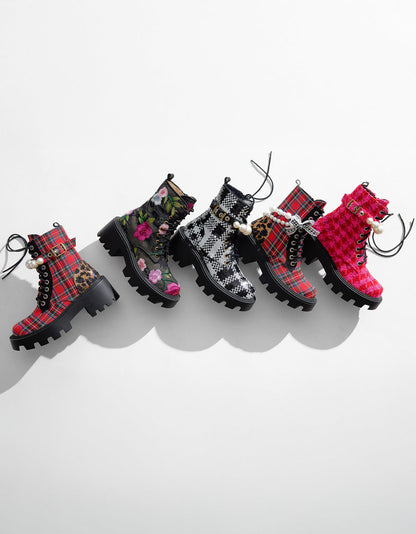 Betsey Johnson Everyday | JONNIE BLACK WHITE PLAID Lace-Up Platform Combat Women's Ankle Boot